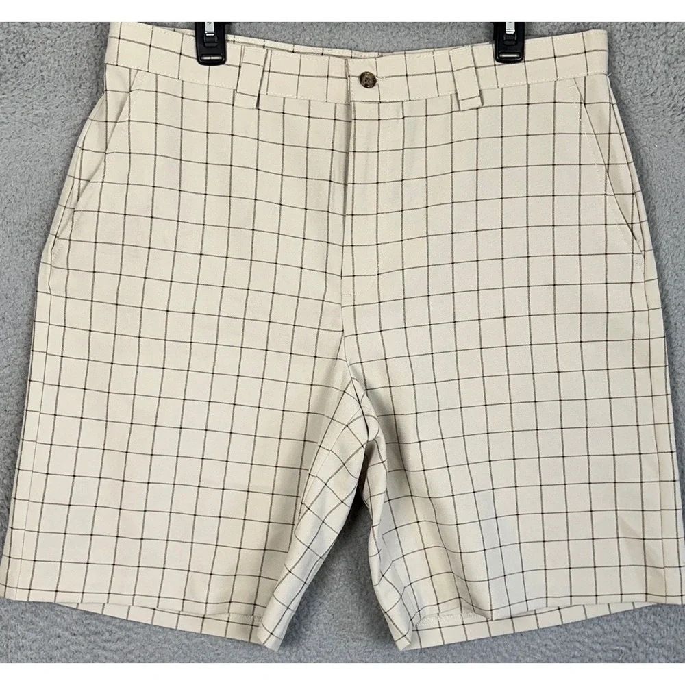 NEW IZOD XFG Shorts Mens 36 Tan Beige Golf Chino Windowpane Plaid Performance